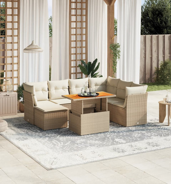 8-tlg. Garten-Sofagarnitur mit Kissen Beige Poly Rattan
