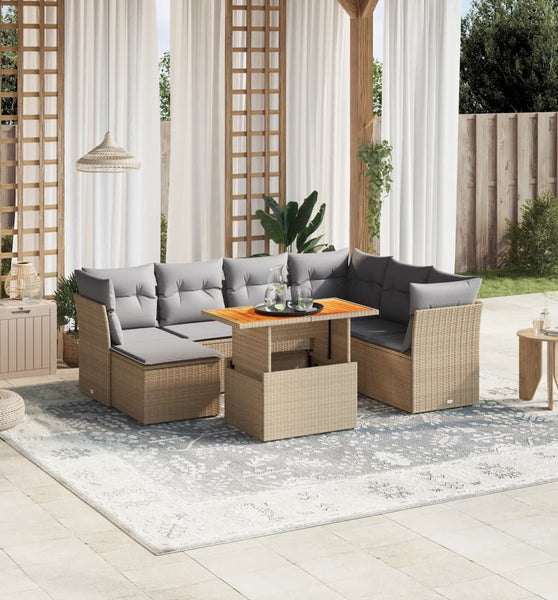 8-tlg. Garten-Sofagarnitur mit Kissen Beige Poly Rattan