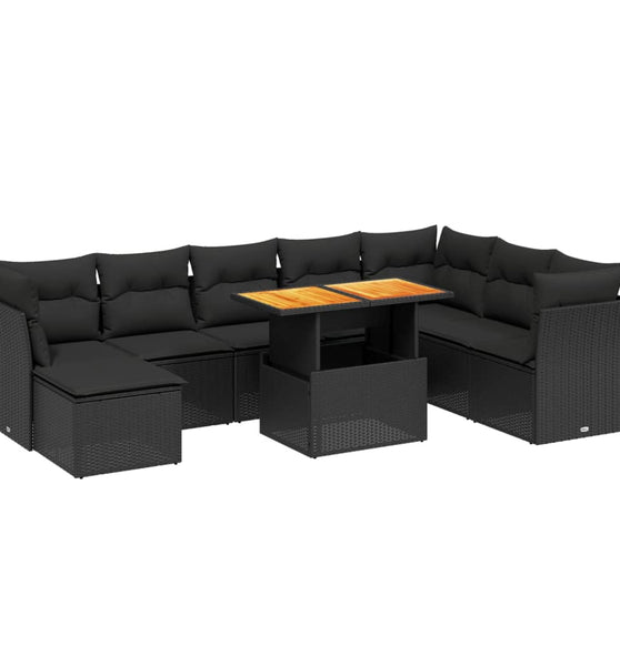 9-tlg. Garten-Sofagarnitur mit Kissen Schwarz Poly Rattan