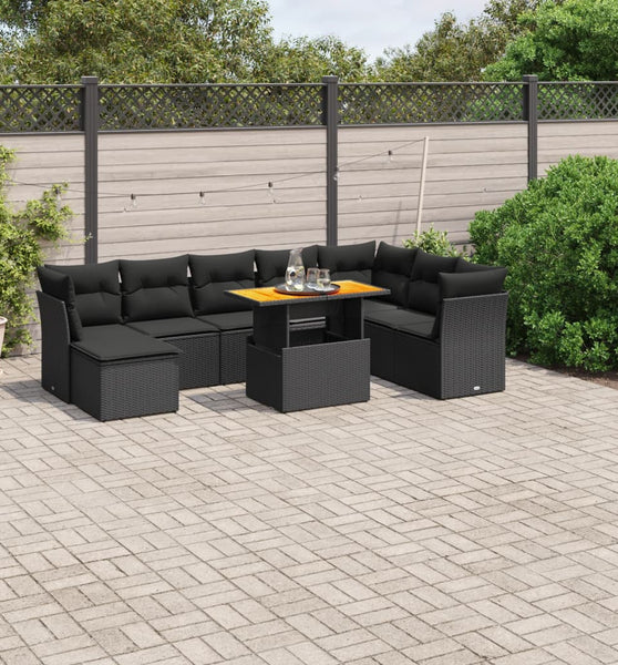 9-tlg. Garten-Sofagarnitur mit Kissen Schwarz Poly Rattan