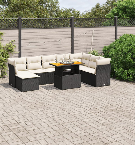 9-tlg. Garten-Sofagarnitur mit Kissen Schwarz Poly Rattan