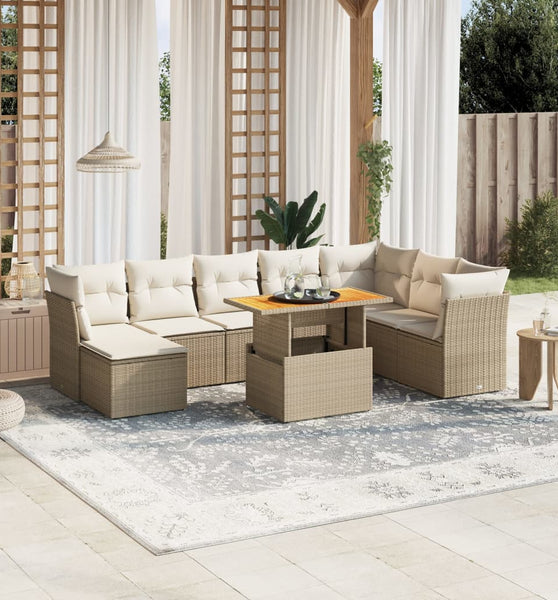 9-tlg. Garten-Sofagarnitur mit Kissen Beige Poly Rattan