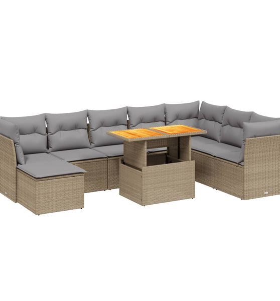9-tlg. Garten-Sofagarnitur mit Kissen Beige Poly Rattan