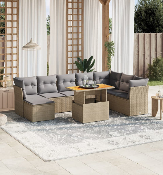 9-tlg. Garten-Sofagarnitur mit Kissen Beige Poly Rattan