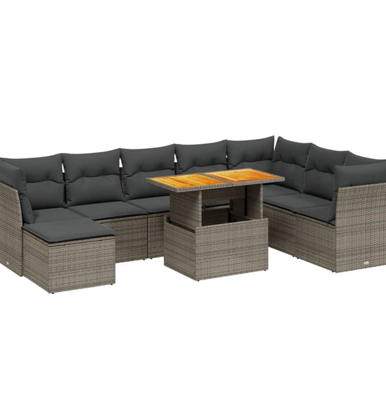 9-tlg. Garten-Sofagarnitur mit Kissen Grau Poly Rattan