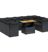 10-tlg. Garten-Sofagarnitur mit Kissen Schwarz Poly Rattan