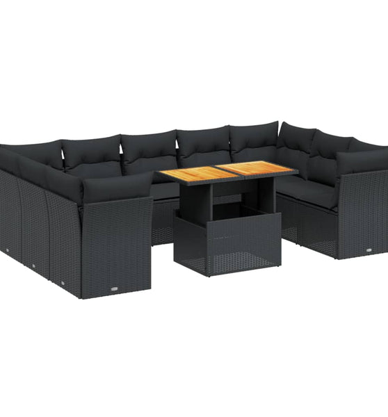 10-tlg. Garten-Sofagarnitur mit Kissen Schwarz Poly Rattan