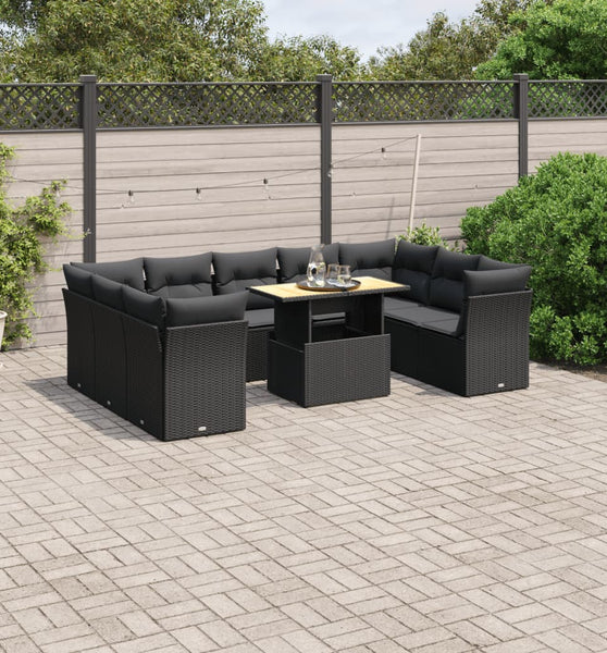 10-tlg. Garten-Sofagarnitur mit Kissen Schwarz Poly Rattan