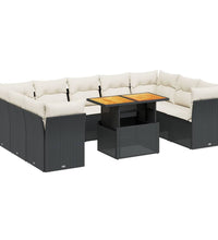 10-tlg. Garten-Sofagarnitur mit Kissen Schwarz Poly Rattan