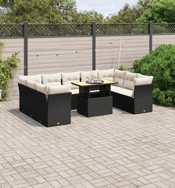 10-tlg. Garten-Sofagarnitur mit Kissen Schwarz Poly Rattan