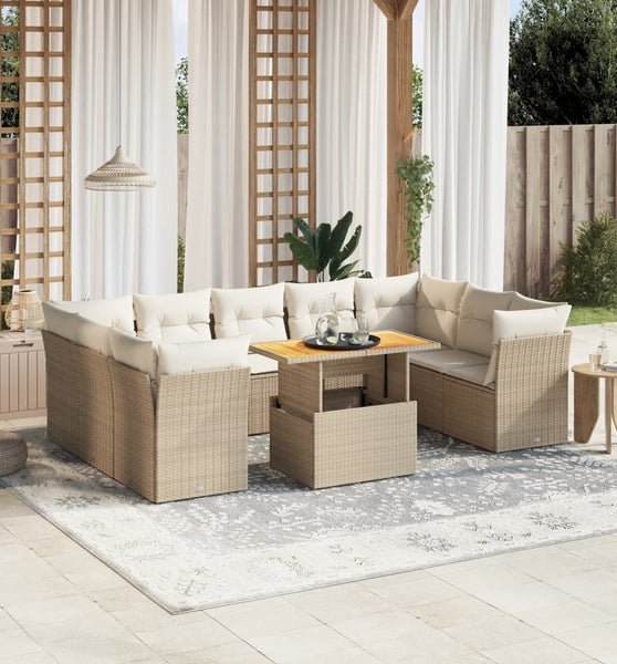 10-tlg. Garten-Sofagarnitur mit Kissen Beige Poly Rattan