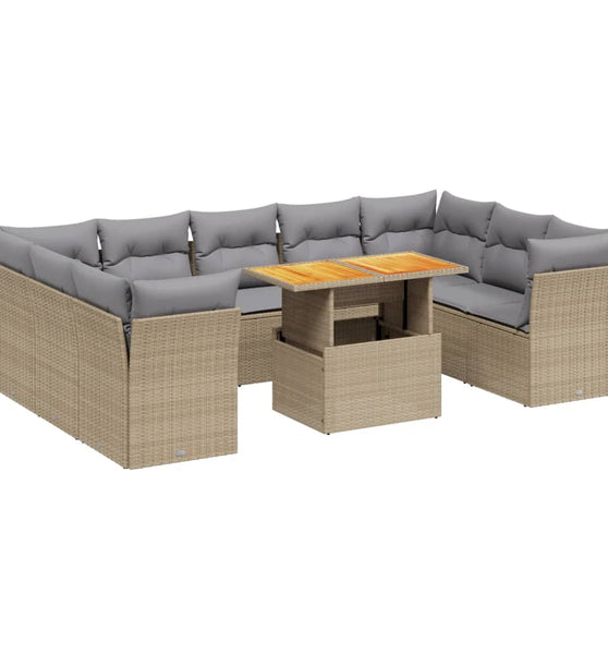 10-tlg. Garten-Sofagarnitur mit Kissen Beige Poly Rattan