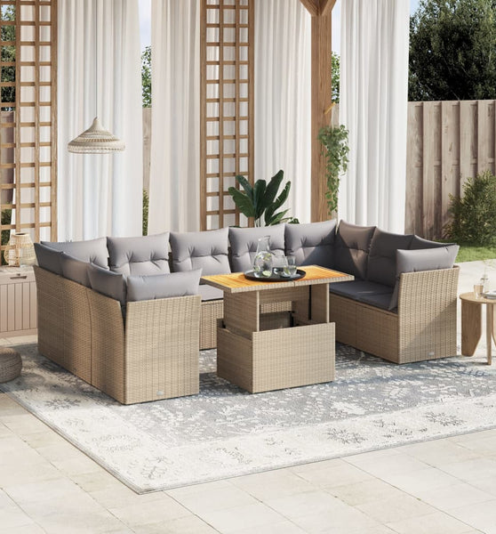 10-tlg. Garten-Sofagarnitur mit Kissen Beige Poly Rattan
