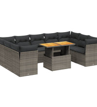 10-tlg. Garten-Sofagarnitur mit Kissen Grau Poly Rattan