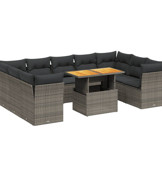 10-tlg. Garten-Sofagarnitur mit Kissen Grau Poly Rattan