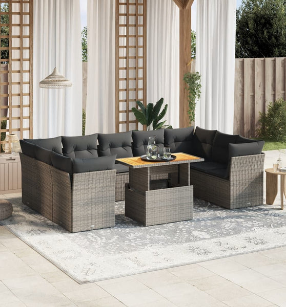10-tlg. Garten-Sofagarnitur mit Kissen Grau Poly Rattan