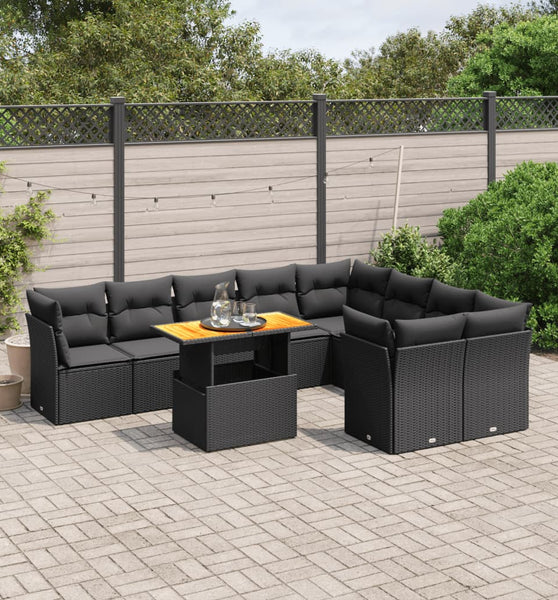 10-tlg. Garten-Sofagarnitur mit Kissen Schwarz Poly Rattan