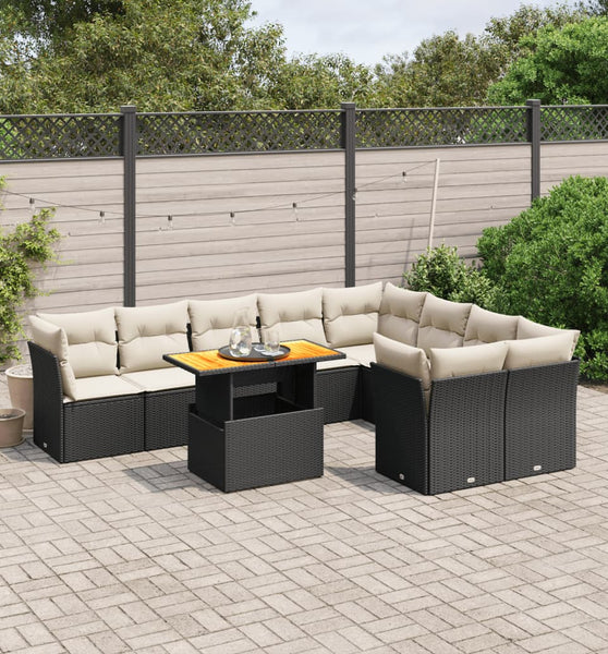 10-tlg. Garten-Sofagarnitur mit Kissen Schwarz Poly Rattan