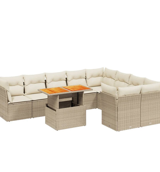 10-tlg. Garten-Sofagarnitur mit Kissen Beige Poly Rattan