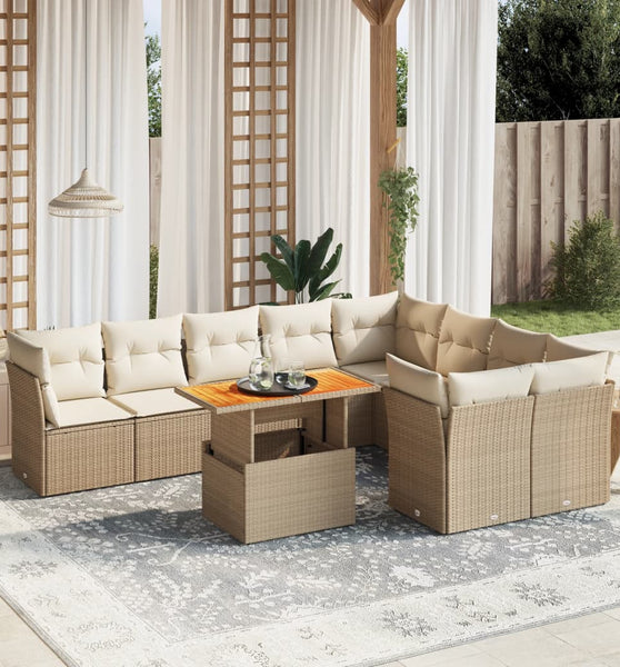 10-tlg. Garten-Sofagarnitur mit Kissen Beige Poly Rattan