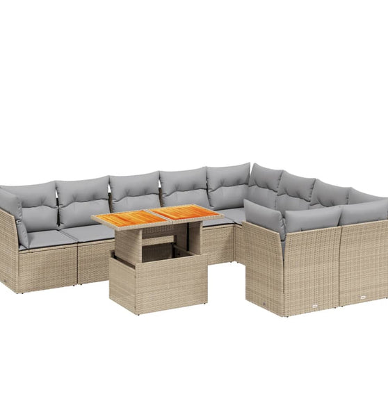 10-tlg. Garten-Sofagarnitur mit Kissen Beige Poly Rattan