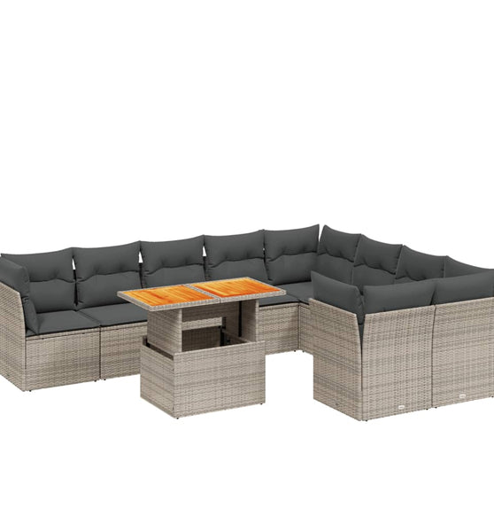 10-tlg. Garten-Sofagarnitur mit Kissen Grau Poly Rattan