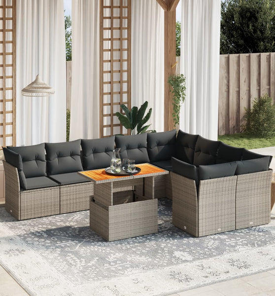 10-tlg. Garten-Sofagarnitur mit Kissen Grau Poly Rattan