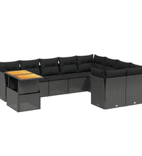 10-tlg. Garten-Sofagarnitur mit Kissen Schwarz Poly Rattan