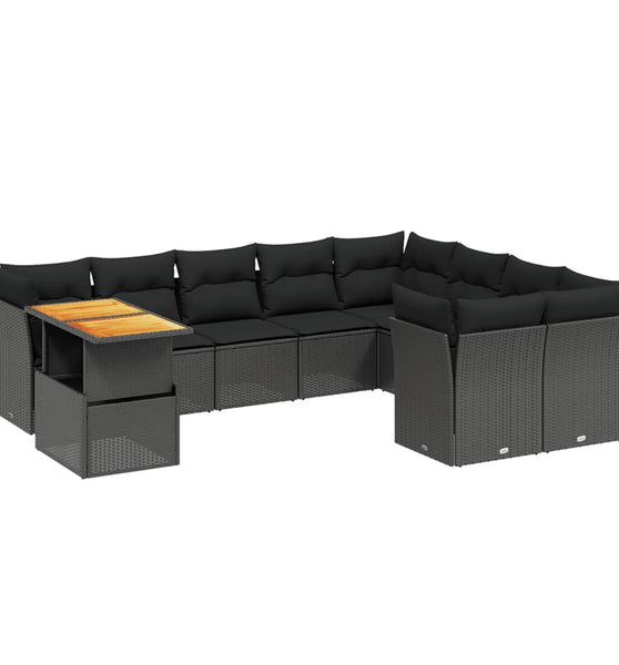 10-tlg. Garten-Sofagarnitur mit Kissen Schwarz Poly Rattan