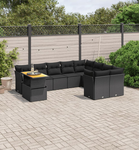 10-tlg. Garten-Sofagarnitur mit Kissen Schwarz Poly Rattan