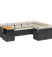 10-tlg. Garten-Sofagarnitur mit Kissen Schwarz Poly Rattan