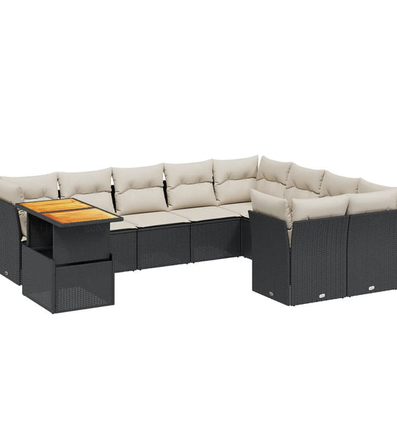 10-tlg. Garten-Sofagarnitur mit Kissen Schwarz Poly Rattan