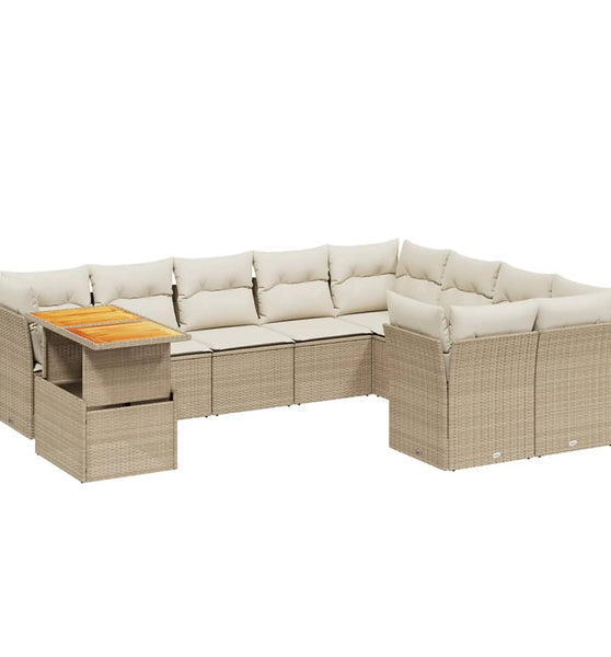 10-tlg. Garten-Sofagarnitur mit Kissen Beige Poly Rattan