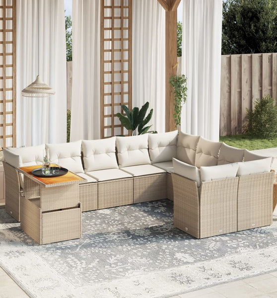 10-tlg. Garten-Sofagarnitur mit Kissen Beige Poly Rattan