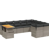 10-tlg. Garten-Sofagarnitur mit Kissen Grau Poly Rattan