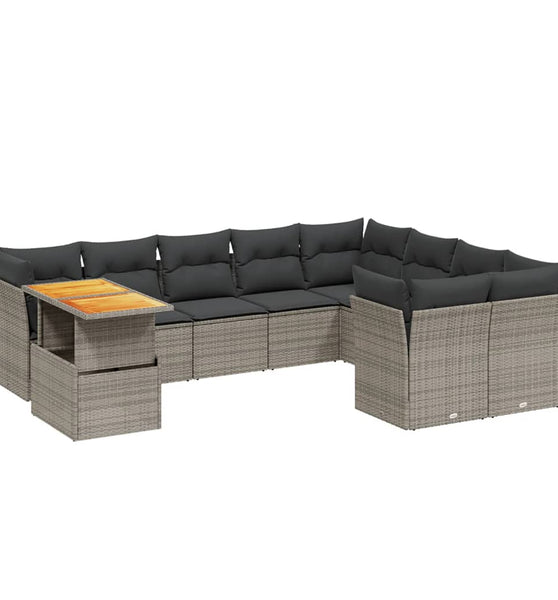 10-tlg. Garten-Sofagarnitur mit Kissen Grau Poly Rattan