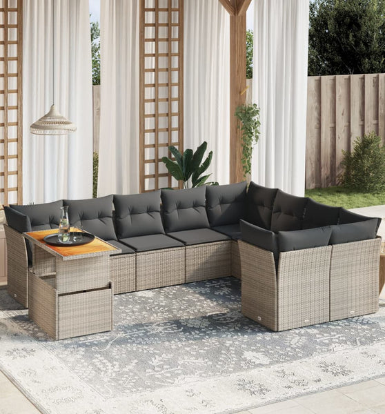 10-tlg. Garten-Sofagarnitur mit Kissen Grau Poly Rattan
