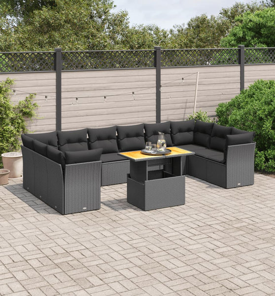 11-tlg. Garten-Sofagarnitur mit Kissen Schwarz Poly Rattan