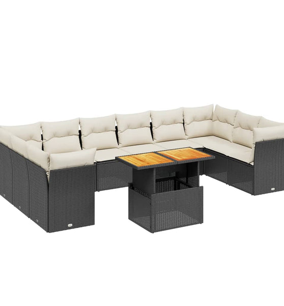11-tlg. Garten-Sofagarnitur mit Kissen Schwarz Poly Rattan