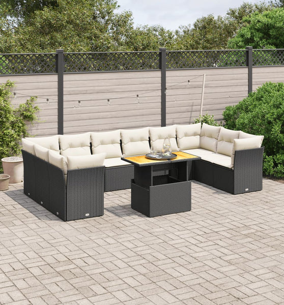 11-tlg. Garten-Sofagarnitur mit Kissen Schwarz Poly Rattan