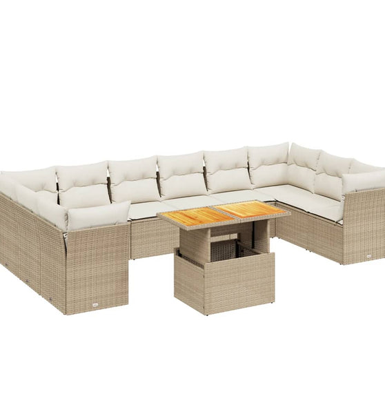 11-tlg. Garten-Sofagarnitur mit Kissen Beige Poly Rattan