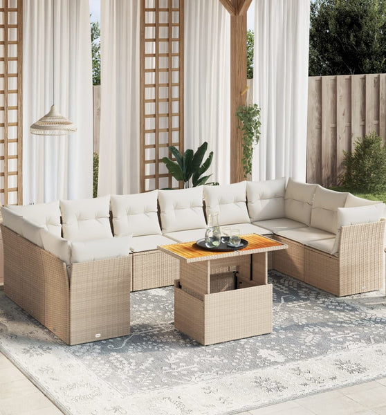 11-tlg. Garten-Sofagarnitur mit Kissen Beige Poly Rattan