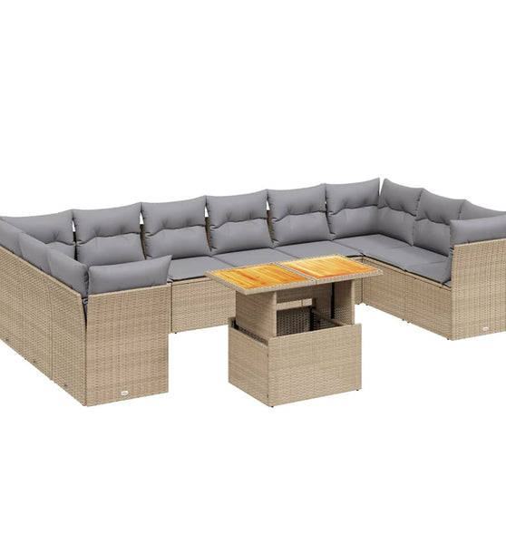 11-tlg. Garten-Sofagarnitur mit Kissen Beige Poly Rattan