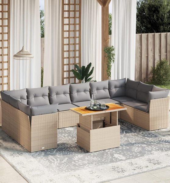11-tlg. Garten-Sofagarnitur mit Kissen Beige Poly Rattan