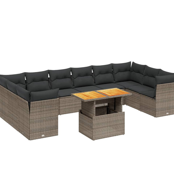 11-tlg. Garten-Sofagarnitur mit Kissen Grau Poly Rattan