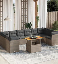 11-tlg. Garten-Sofagarnitur mit Kissen Grau Poly Rattan