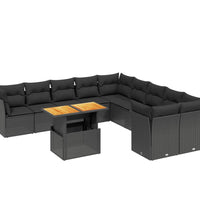 11-tlg. Garten-Sofagarnitur mit Kissen Schwarz Poly Rattan