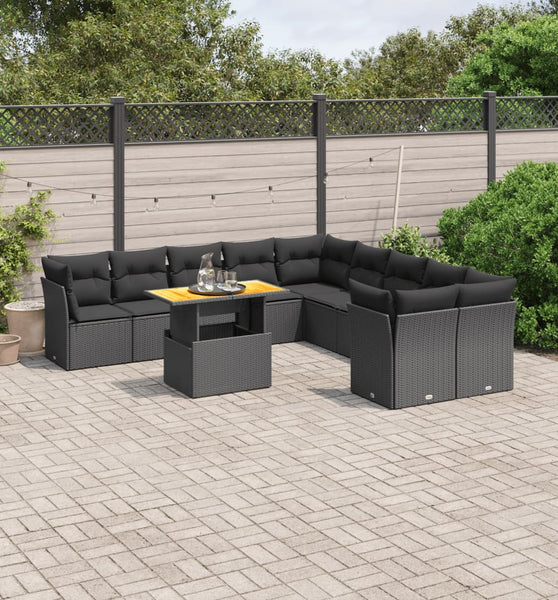 11-tlg. Garten-Sofagarnitur mit Kissen Schwarz Poly Rattan