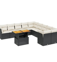 11-tlg. Garten-Sofagarnitur mit Kissen Schwarz Poly Rattan