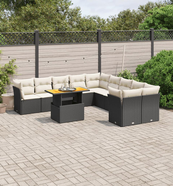 11-tlg. Garten-Sofagarnitur mit Kissen Schwarz Poly Rattan